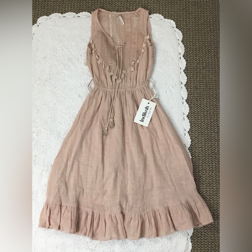 NWT Indikah by Angel Biba Tassel Cotton Sleeveless Sundress Blush Pink XS